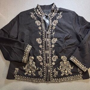 Silkland Beautiful‎ embroidered 100% silk jacket. Plus 1X NWT. Sequins Gold